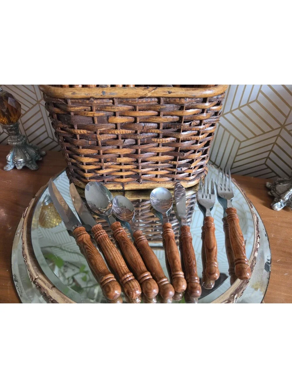 Vintage Lifetime Cutlery Old Homestead Wood Handle Flatware w Wicker Caddy 59pc